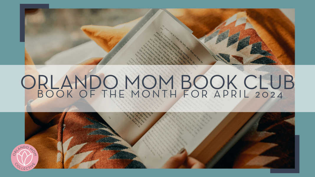 Clay Banks via Unsplash image of open book on a diamond patterned blanket with words 'orlando mom book club book of the month for April 2024' over top of it.