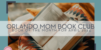 Orlando Mom Book Club: Book of the Month for April 2024 Clay Banks via Unsplash image of open book on a diamond patterned blanket with words 'orlando mom book club book of the month for April 2024' over top of it.