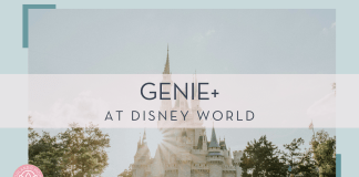 Cinderella Castle from the side with sin shining over the edge with words 'Genie+ at Disney World' over top