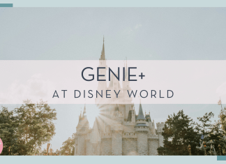 Cinderella Castle from the side with sin shining over the edge with words 'Genie+ at Disney World' over top