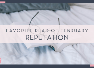 Sincerely Media via unsplash photo of open book with glasses inside on white bed sheets with words 'favorite read of February Reputation' overtop