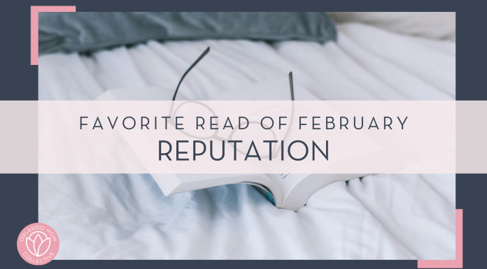 Sincerely Media via unsplash photo of open book with glasses inside on white bed sheets with words 'favorite read of February Reputation' overtop