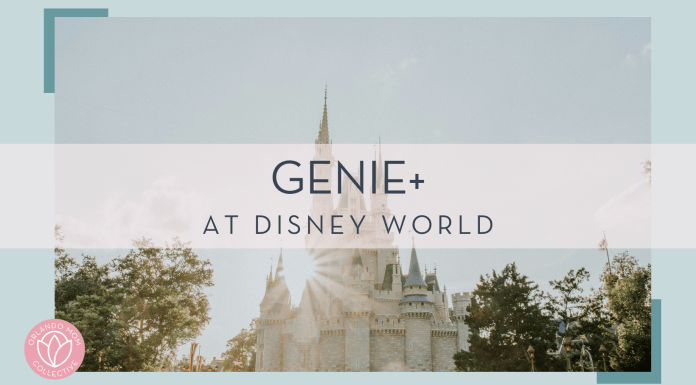 Cinderella Castle from the side with sin shining over the edge with words 'Genie+ at Disney World' over top