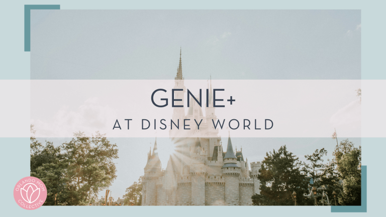 Cinderella Castle from the side with sin shining over the edge with words 'Genie+ at Disney World' over top