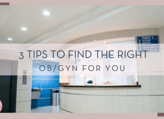 Martha Dominguez via unsplash picture of hospital desk with words ' 3 tips to find the right OB/GYN for you'