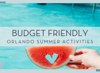 kenta kikuchi via unsplash picture of watermelon slice with heart cut out held by a hand in front of a pool with words 'budget friendly orlando summer activities' over top