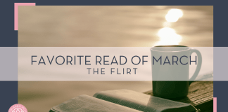 Aaron Burden via unsplash photo of a mug and open book on a railing in front of water with 'favorite read of march the flirt' in front of photo
