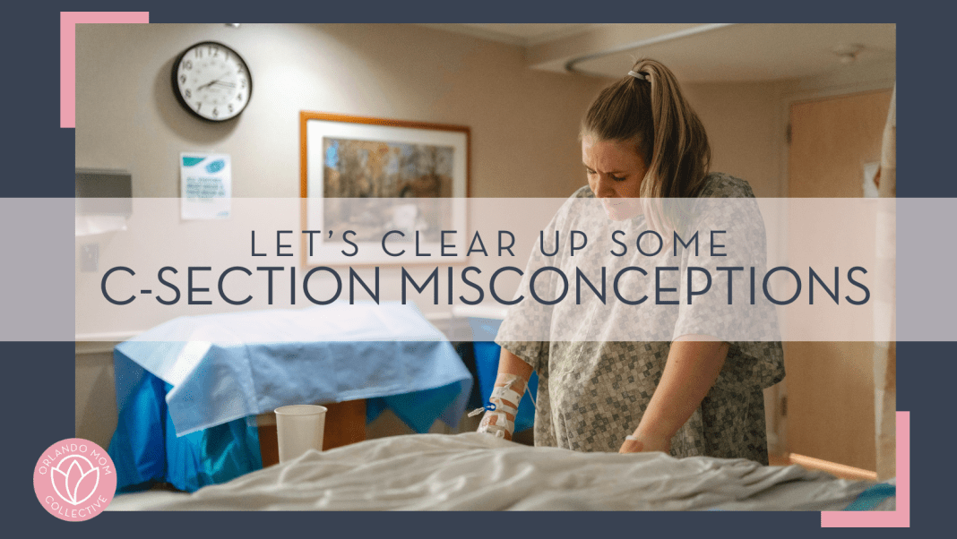 Jimmy Conniver via Unsplash image of woman in hospital gown holding onto bed with clock and picture behind her and words 'let's clear up some c-section misconceptions' overtop