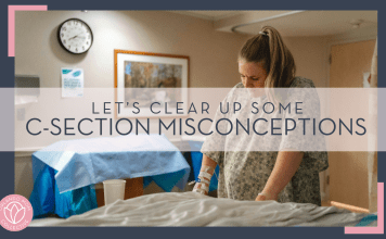 Jimmy Conniver via Unsplash image of woman in hospital gown holding onto bed with clock and picture behind her and words 'let's clear up some c-section misconceptions' overtop