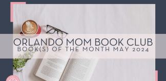 Orlando Mom Book Club: Book(s) of the Month for May 2024 sincerely-media via unsplash photo of open book, glasses, latte and plant on white background with words 'Orlando Mom book club book(s) of the month may 2024" overtop