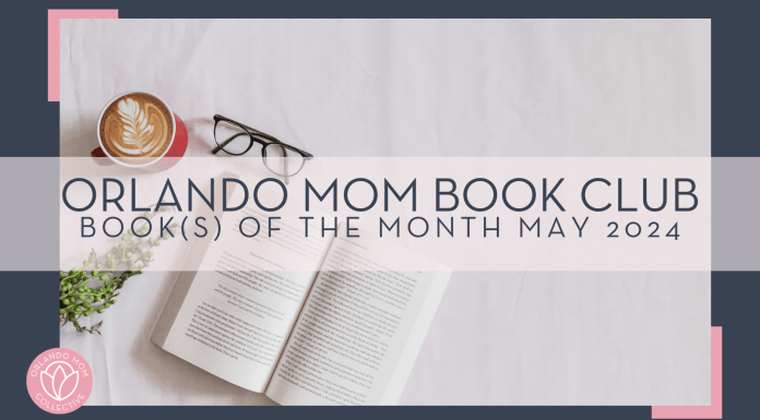 sincerely-media via unsplash photo of open book, glasses, latte and plant on white background with words 'Orlando Mom book club book(s) of the month may 2024" overtop