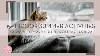 Keenan Barber via unsplash photo of a cat on the back of a couch looking out a rainy window with words '15+ summer activities to do with your kids in Central Florida' overtop