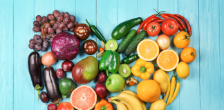 Seven Healthy Eating Tips: Stop Obsessing About Food and Start Nourishing Yourself Better Fruits and vegetables organized by color in shape of a heart