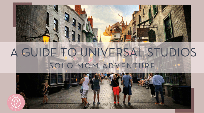 Erasto Chavez photo via unsplash - dragon alley at universal Orlando with words 'a guide to universal studios: solo mom adventure' overtop