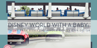 Tim mossholder via unsplash photo of cars driving with people on the people mover behind them with words 'Disney World with a baby: theme park rides the whole family can go on'