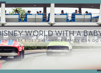 Tim mossholder via unsplash photo of cars driving with people on the people mover behind them with words 'Disney World with a baby: theme park rides the whole family can go on'