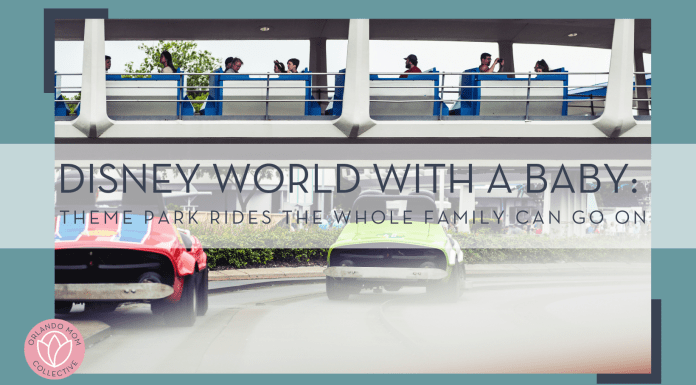 Tim mossholder via unsplash photo of cars driving with people on the people mover behind them with words 'Disney World with a baby: theme park rides the whole family can go on'