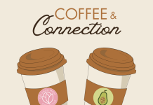 Two to-go coffee cups in a cheers with words 'coffee & connection on top with orlando mom Collective' logo and snackbitches logo over top of to-go cups. Orlando Mom X snackbitches at the bottom.