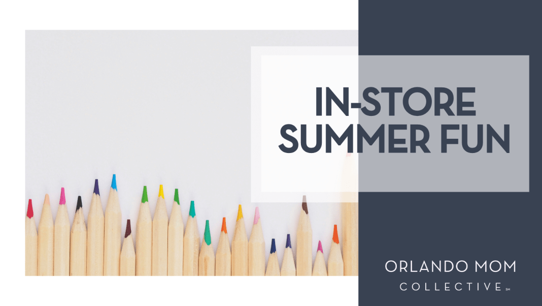 jess Bailey via unsplash colored pencils on cream background with words 'in-store summer fun' on the right