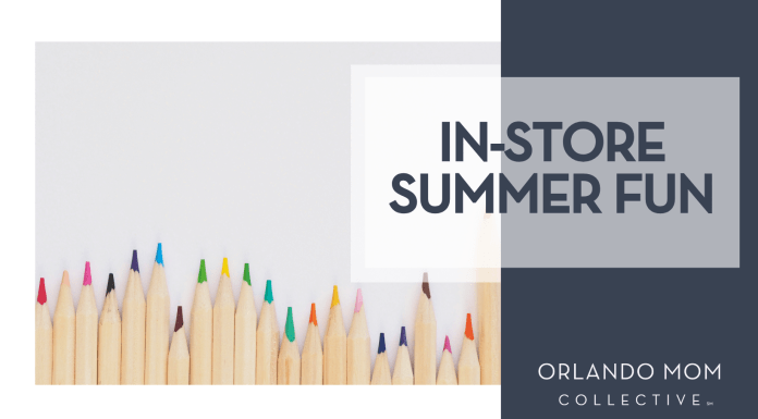 In-Store Summer Fun jess Bailey via unsplash colored pencils on cream background with words 'in-store summer fun' on the right