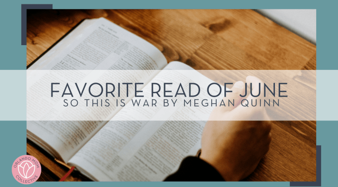 Priscilla Du photo from Unsplash of book open on wooden table with words 'favorite read of June so this is war by Meghan Quinn' overtop