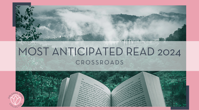 kourosh-qaffari-RrhhzitYizg-unsplash photo of open book with mist, trees and mountain behind with words 'Most Anticipated Read 2024 Crossroads' over top