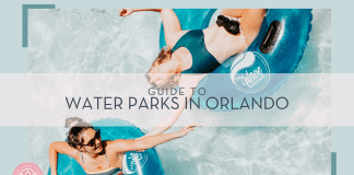 jed-villejo via unsplash photo of two women in inner tubes in swimsuits in the water - taken from above. words 'guide to water parks in orlando' over top