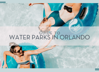 jed-villejo via unsplash photo of two women in inner tubes in swimsuits in the water - taken from above. words 'guide to water parks in orlando' over top