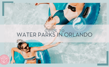 Guide to Water Parks in Orlando jed-villejo via unsplash photo of two women in inner tubes in swimsuits in the water - taken from above. words 'guide to water parks in orlando' over top