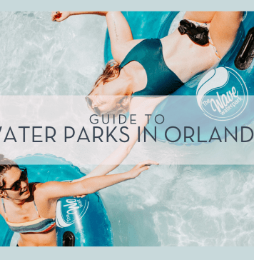 jed-villejo via unsplash photo of two women in inner tubes in swimsuits in the water - taken from above. words 'guide to water parks in orlando' over top