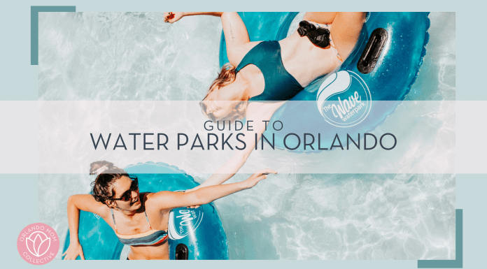 jed-villejo via unsplash photo of two women in inner tubes in swimsuits in the water - taken from above. words 'guide to water parks in orlando' over top