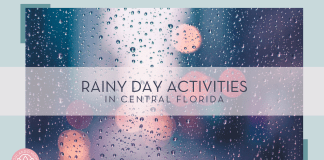 Rainy Day Activities in Central Florida Max Bender via Unsplash photo of rain on glass with words 'rainy day activities in Central Florida' over top