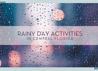 Max Bender via Unsplash photo of rain on glass with words 'rainy day activities in Central Florida' over top