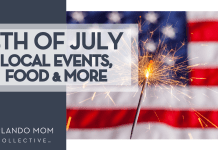 July Fourth FIREWORKS in Central Florida Guide 4th of July graphic that has the American flag and a sparkler in the background and text that says "4th of July local events, food, and more" for fireworks.