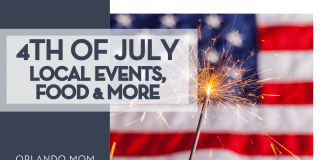 July Fourth FIREWORKS in Central Florida Guide 4th of July graphic that has the American flag and a sparkler in the background and text that says "4th of July local events, food, and more" for fireworks.