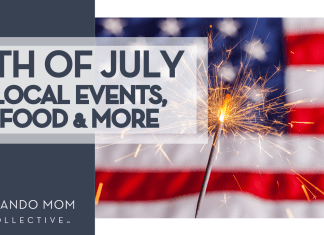 4th of July graphic that has the American flag and a sparkler in the background and text that says "4th of July local events, food, and more" for fireworks.