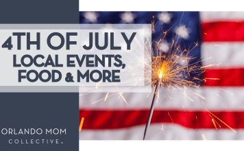 4th of July graphic that has the American flag and a sparkler in the background and text that says "4th of July local events, food, and more" for fireworks.