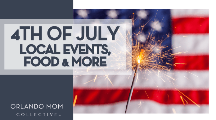 4th of July graphic that has the American flag and a sparkler in the background and text that says "4th of July local events, food, and more" for fireworks.
