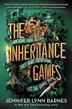 The Inheritance Games by Jennifer Lynn Barnes book cover with green background and gold letters - photo via Amazon