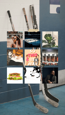 tungsten-rising photo of hockey stick on wall as back ground with collage of 9 image over top. Diego rose photo of woman with red hair and sunglasses, slim musalimov photo of hockey rink with player on the ice, Scott Webb photo of fiddle leaf fig tree, Daria Tumanova photo of woman in mustard sweater, black leggings drawing, So This is War book cover (from Amazon), Thulio Philipe photo of hockey locker room, Mae Mu sandwich with bread, lettuce, tomato and meat, Markus Spike photo of hockey stakes and stick and puck on the ice, Polyp Sukhenko photo of man with bread and dark hair in a suit - all photos from unsplash unless otherwise noted