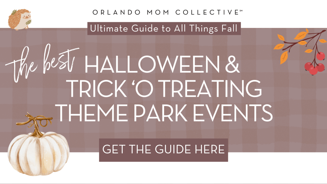 the best halloween & trick-o-treating theme park events tan and brown gingham with pumpkin, hedgehog and branch with 'the best halloween & trick-o-treating theme park events' in the middle