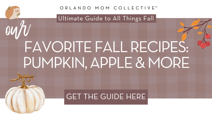 Ultimate Guide to Fall Recipes brown and tan gingham with cream pumpkin, hedgehog and branch with orange and red leaves with words 'our favorite fall recipes: pumpkin, apple and more'