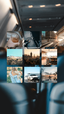 man's hand with scotch, man's shoes and car, man walking across the street, the Hollywood sign, city scape of Edinburgh, a hotel bar with curved bar top, a blonde woman, a car in front of an airplane and a woman in a pool looking to the horizon arranged in a 3x3 square over top of a background of the interior of an airplane