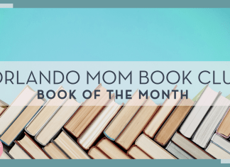 Orlando Mom Book Club Book of the Month with stacks of books behind words