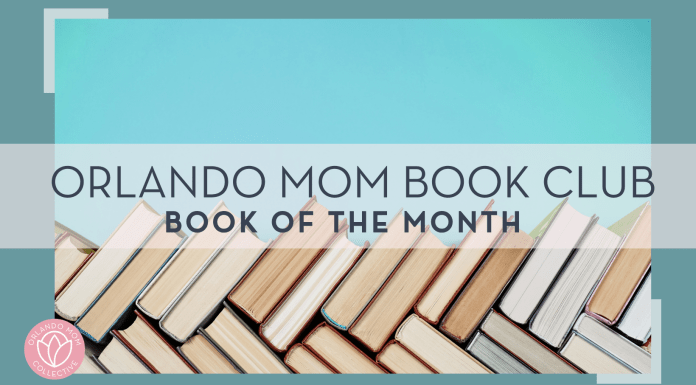 Orlando Mom Book Club Book of the Month with stacks of books behind words