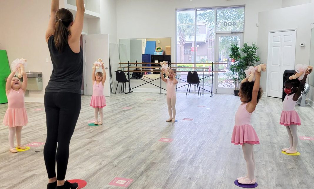 a teacher with a group of young girls in ballerina uniforms with the arms up in a dance class discussing the benefits of dance