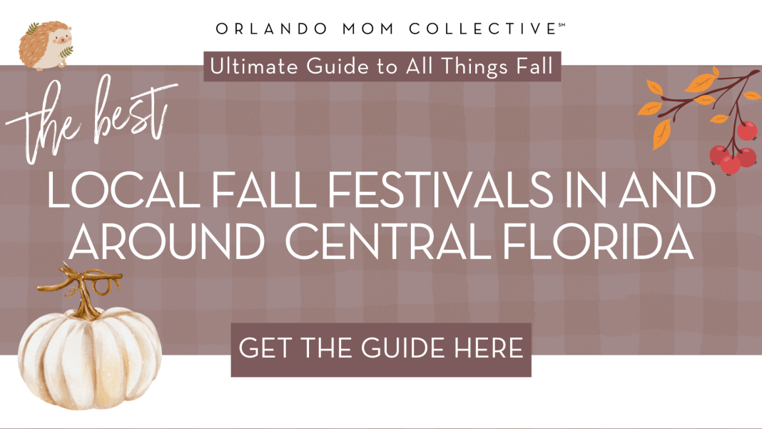 tan and brown gingham background with cream pumpkin, hedgehog and branch with orange and red leaves on it with words 'the best local fall festivals in and around central florida' in the middle.