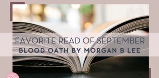 Jonas Jacobsson via Unsplash image ob an open book with words 'favorite read of September blood oath by Morgan b lee' overtop