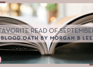 Jonas Jacobsson via Unsplash image ob an open book with words 'favorite read of September blood oath by Morgan b lee' overtop