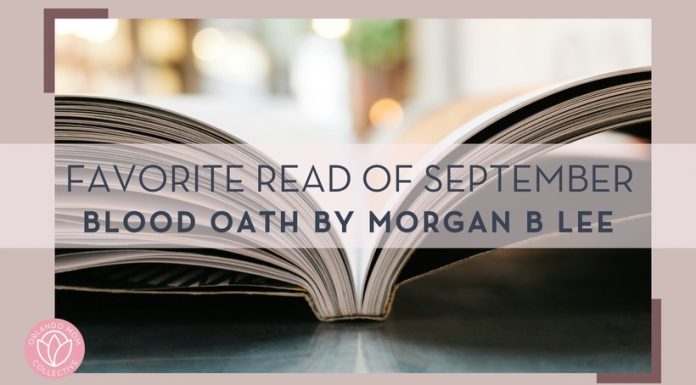 Jonas Jacobsson via Unsplash image ob an open book with words 'favorite read of September blood oath by Morgan b lee' overtop